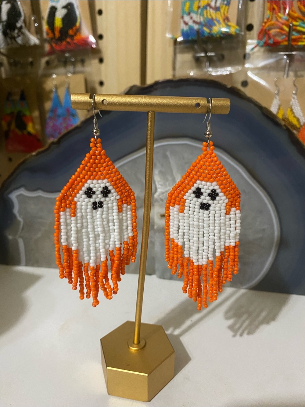 Orange & White Beaded Ghost Fringe Earrings — Festive Statement